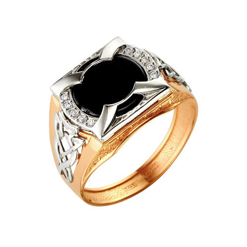 Золотое кольцо Караваевская ювелирная фабрика 41-0159 с фианитом и ониксом