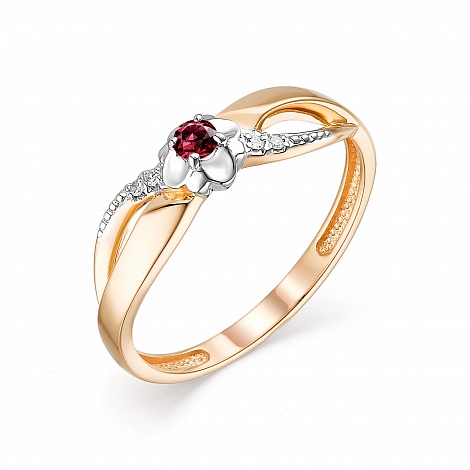 Золотое кольцо АЛЬКОР 13584-103 с бриллиантом и рубином