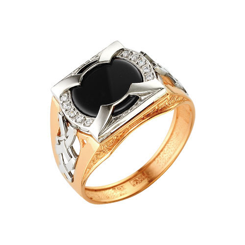 Золотое кольцо Караваевская ювелирная фабрика 41-0157 с ониксом и цирконием