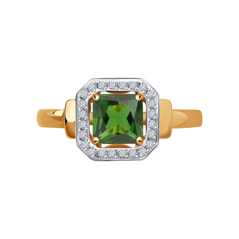 Золотое кольцо SOKOLOV с ситаллом цвета Турмалин и фианитом 715413