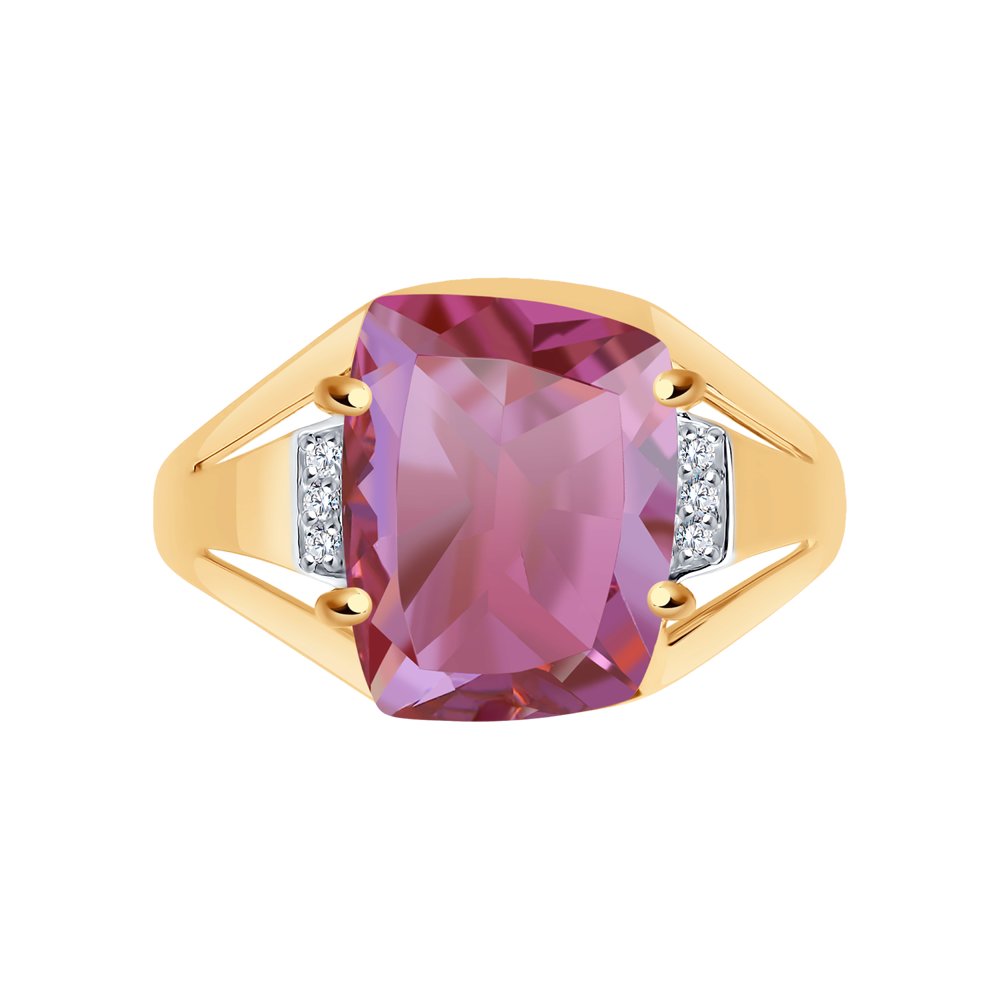 Золотое кольцо SOKOLOV с ситаллом цвета Родолит и фианитом 716533