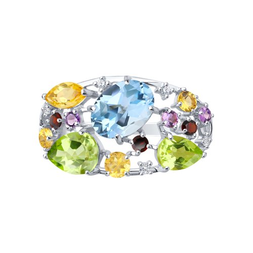 Серебряное кольцо SOKOLOV 92010223 с топазом, фианитом, аметистом, хризолитом, цитрином, гранатом и миксом камней