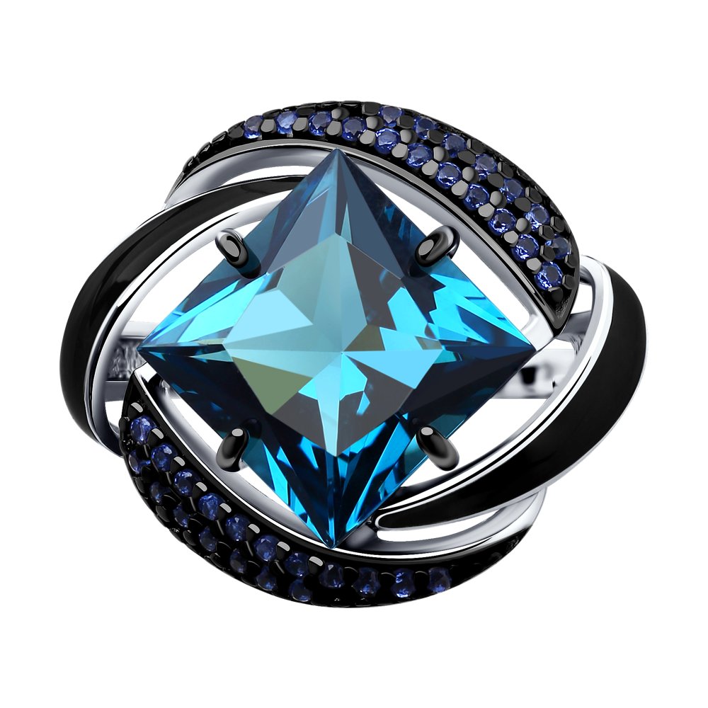 Серебряное кольцо SOKOLOV с ситаллом цвета Лондон топаз, фианитом и эмалью 92011300