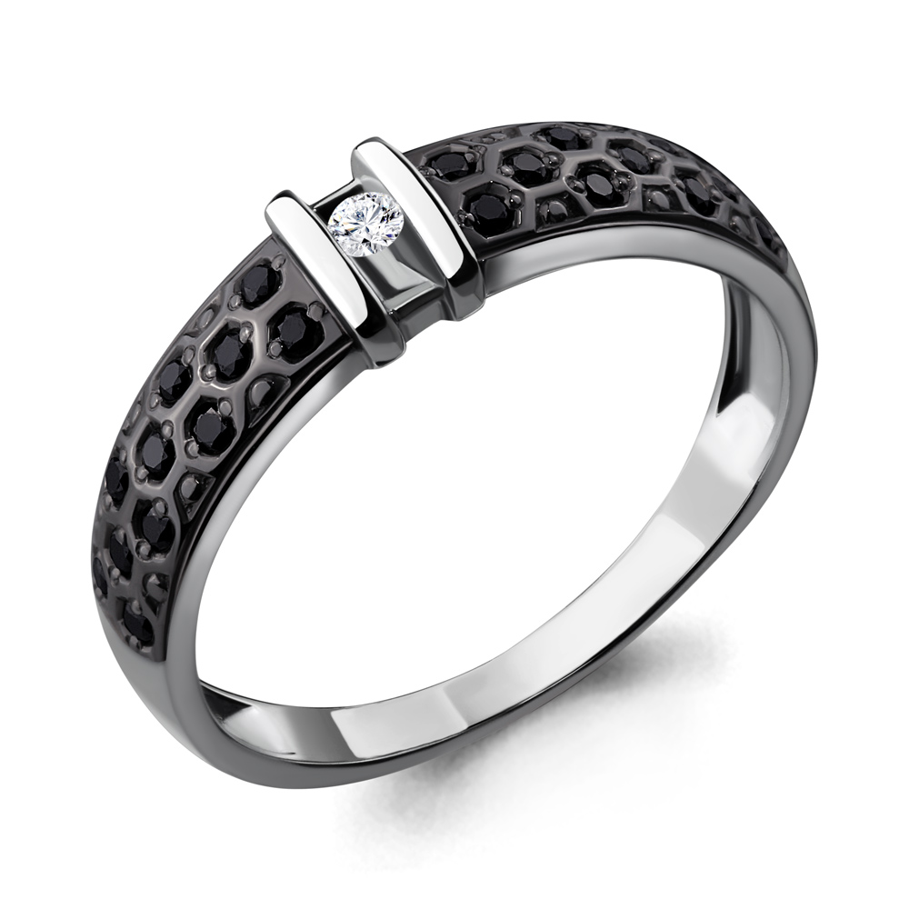 Кольцо из белого золота AQUAMARINE 963566Ч с бриллиантом и чёрным бриллиантом