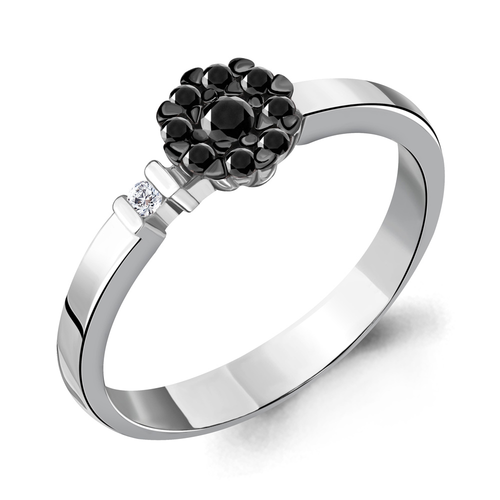 Кольцо из белого золота AQUAMARINE 963661Ч с бриллиантом и чёрным бриллиантом