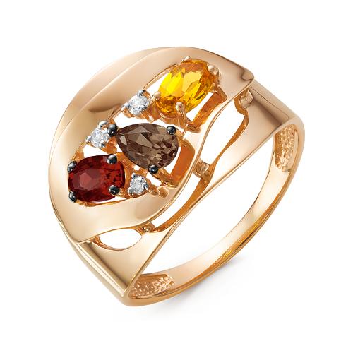 Золотое кольцо КЮЗ Del'ta D314489 с фианитом, цитрином, гранатом, миксом камней и раухтопазом