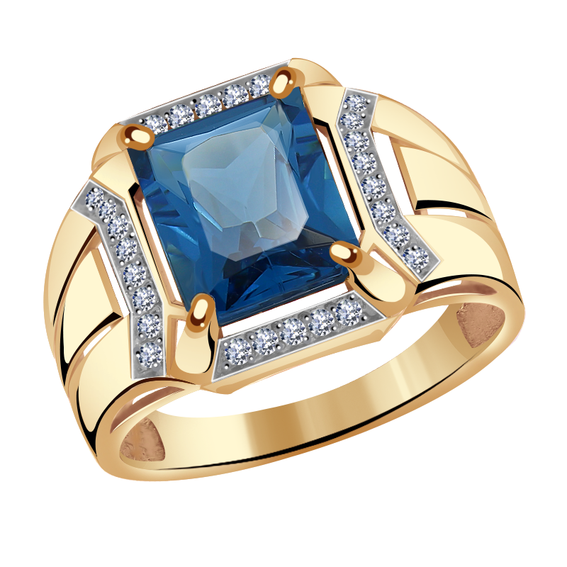 Золотое кольцо Александра с ситаллом цвета Лондон топаз и фианитом кл2965-58ск