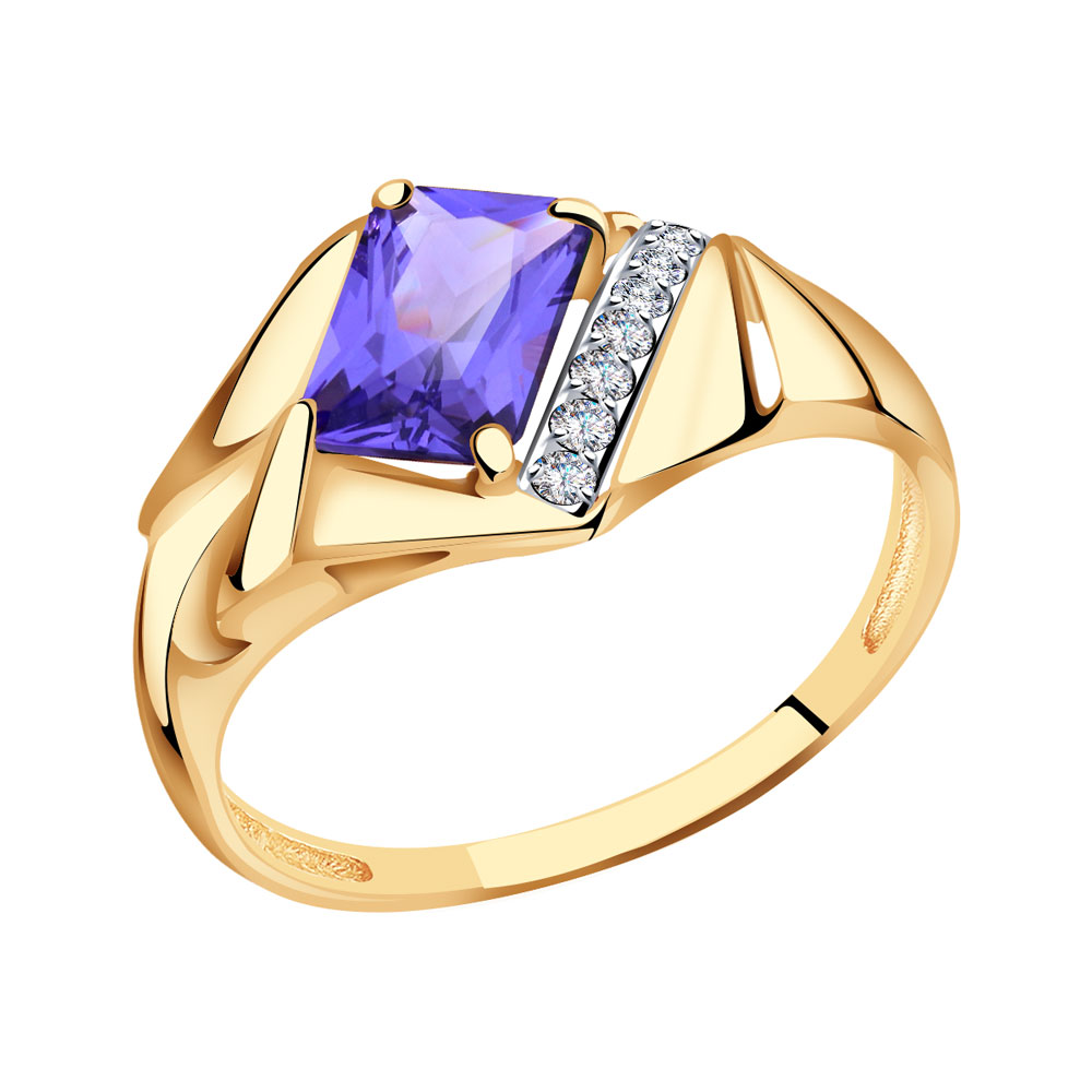 Золотое кольцо Александра с ситаллом цвета Танзанит и фианитом кл3589-73ск