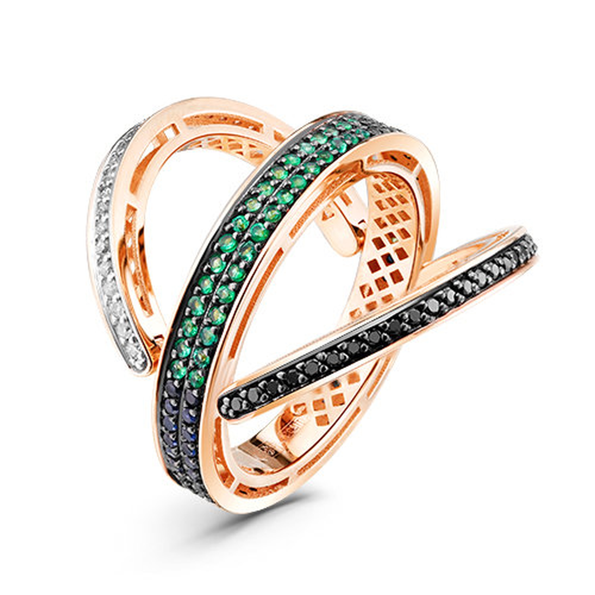 Золотое кольцо-трансформер ERA Jewellery с изумрудом, сапфиром, бриллиантом и чёрным бриллиантом 01-02221-01-291-07-02