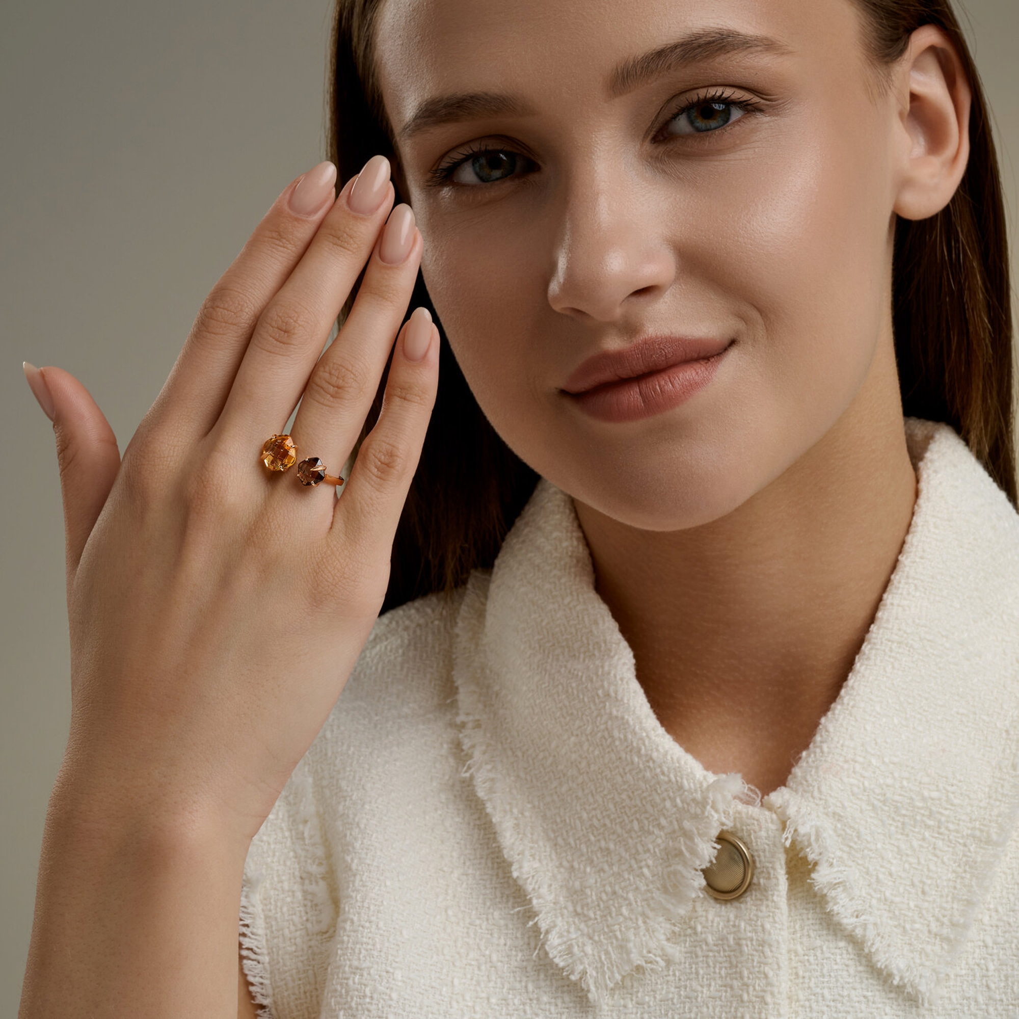 Золотое кольцо SOKOLOV 717298 с цитрином и раухтопазом