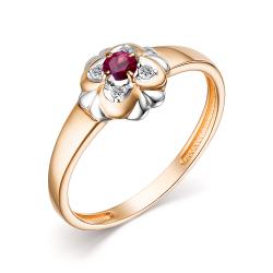 Золотое кольцо АЛЬКОР 15166-103 с бриллиантом и рубином 15166-103 фото