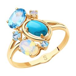 Золотое кольцо SOKOLOV с ситаллом цвета Опал, бирюзой и топазом 715721 715721 фото