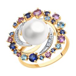 Золотое кольцо SOKOLOV 791166 с топазом, фианитом, аметистом, сапфировым корундом, жемчугом и миксом камней 791166 фото