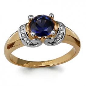 Золотое кольцо AQUAMARINE 63978Б с фианитом и гидротермальным сапфиром 63978Б фото