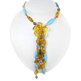 Колье Янтарная волна 0013-00000 с жемчугом, янтарём и бирюзой 0013-00000 фото