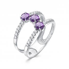 Серебряное кольцо АЛЬКОР 01-1593/00АМ-00 с фианитом и аметистом 01-1593/00АМ-00 фото