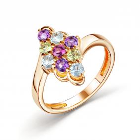 Серебряное кольцо АЛЬКОР 01-2716/0М87-06 с топазом, аметистом, хризолитом, родолитом и миксом камней 01-2716/0М87-06 фото