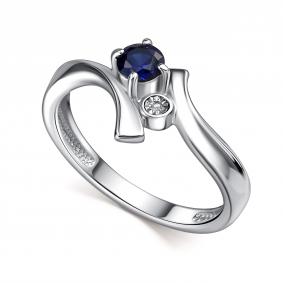 Серебряное кольцо АЛЬКОР 01-4698/БГТС-00 с бриллиантом и гидротермальным сапфиром 01-4698/БГТС-00 фото
