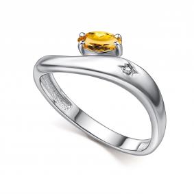 Серебряное кольцо АЛЬКОР 01-5025/БРЦТ-00 с бриллиантом и цитрином 01-5025/БРЦТ-00 фото