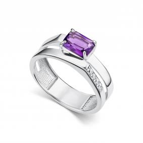 Серебряное кольцо АЛЬКОР 01-5156/00АМ-00 с фианитом и аметистом 01-5156/00АМ-00 фото
