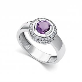 Серебряное кольцо АЛЬКОР 01-5157/00АМ-00 с фианитом и аметистом 01-5157/00АМ-00 фото