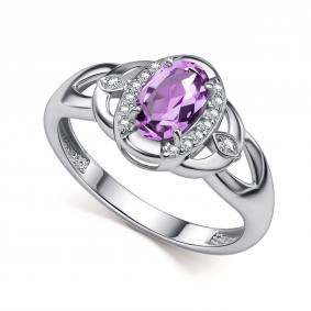Серебряное кольцо АЛЬКОР 01-6032/00АМ-00 с фианитом и аметистом 01-6032/00АМ-00 фото