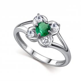 Серебряное кольцо АЛЬКОР 01-6117/000И-00 с фианитом и изумрудом 01-6117/000И-00 фото