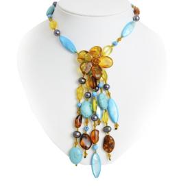 Колье Янтарная волна 013-00000 с жемчугом, янтарём и бирюзой 013-00000 фото