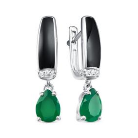 Серебряные серьги АЛЬКОР 02-1460/0М35-00 с фианитом, агатом и эмалью 02-1460/0М35-00 фото