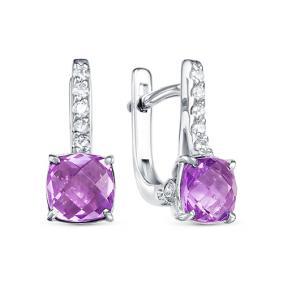 Серебряные серьги АЛЬКОР 02-1575/00АМ-00 с фианитом и аметистом 02-1575/00АМ-00 фото