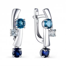 Серебряные серьги АЛЬКОР 02-1594/0М19-00 с топазом, гидротермальным сапфиром и Лондон топазом 02-1594/0М19-00 фото