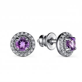 Серебряные серьги АЛЬКОР 02-3190/00АМ-00 с фианитом и аметистом 02-3190/00АМ-00 фото