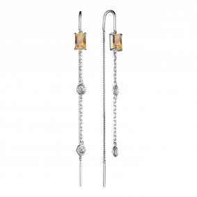 Серебряные серьги АЛЬКОР 02-3858/00ЦТ-00 с фианитом и цитрином 02-3858/00ЦТ-00 фото