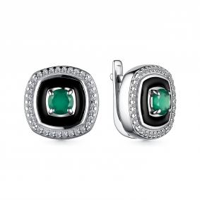 Серебряные серьги АЛЬКОР 02-3895/00АГ-00 с фианитом, агатом и эмалью 02-3895/00АГ-00 фото
