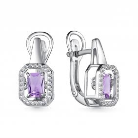 Серебряные серьги АЛЬКОР 02-3973/00АМ-00 с фианитом и аметистом 02-3973/00АМ-00 фото