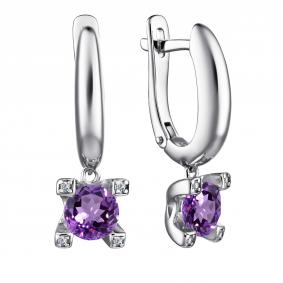 Серебряные серьги АЛЬКОР 02-4005/00АМ-00 с фианитом и аметистом 02-4005/00АМ-00 фото