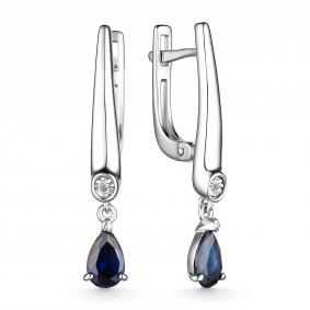 Серебряные серьги АЛЬКОР 02-4036/БГТС-00 с бриллиантом и гидротермальным сапфиром 02-4036/БГТС-00 фото