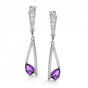 Серебряные серьги АЛЬКОР 02-4291/00АМ-00 с фианитом и аметистом 02-4291/00АМ-00 фото