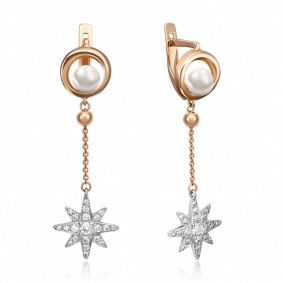 Серьги из комбинированного золота Platina 02-4421-00-302-1111-31 с фианитом и жемчугом 02-4421-00-302-1111-31 фото