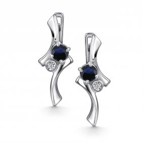 Серебряные серьги АЛЬКОР 02-4698/БГТС-00 с бриллиантом и гидротермальным сапфиром 02-4698/БГТС-00 фото