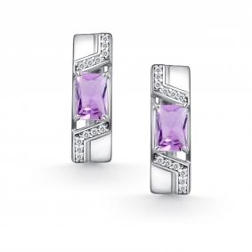 Серебряные серьги АЛЬКОР 02-4850/00АМ-00 с фианитом и аметистом 02-4850/00АМ-00 фото