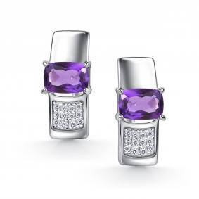 Серебряные серьги АЛЬКОР 02-5387/00АМ-00 с фианитом и аметистом 02-5387/00АМ-00 фото
