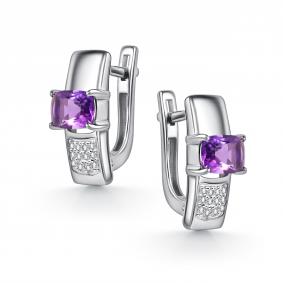 Серебряные серьги АЛЬКОР 02-5387/00АМ-00 с фианитом и аметистом 02-5387/00АМ-00 фото