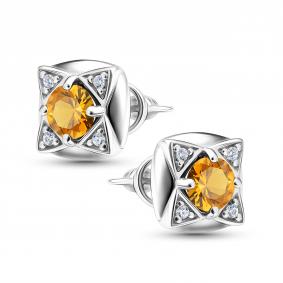 Серебряные серьги АЛЬКОР 02-5694/00ЦТ-00 с фианитом и цитрином 02-5694/00ЦТ-00 фото