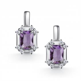 Серебряные серьги АЛЬКОР 02-6020/00АМ-00 с фианитом и аметистом 02-6020/00АМ-00 фото