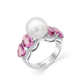 Кольцо из белого золота Мастер Бриллиант 05M1-208866-00-56 с бриллиантом, сапфиром и жемчугом 05M1-208866-00-56 фото