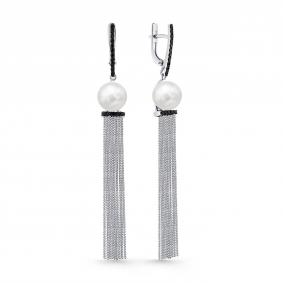 Серьги из белого золота Мастер Бриллиант 05M2-207301-00-55 с жемчугом и чёрным бриллиантом 05M2-207301-00-55 фото