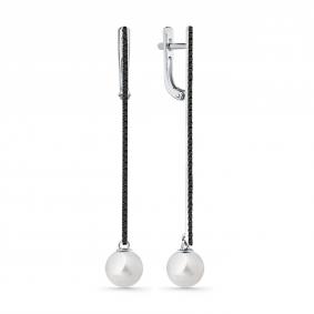 Серьги из белого золота Мастер Бриллиант 05M2-207597-00-55 с жемчугом и чёрным бриллиантом 05M2-207597-00-55 фото