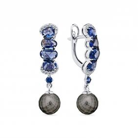 Серьги из белого золота Мастер Бриллиант 05M2-208866-00-55 с бриллиантом, сапфиром и жемчугом 05M2-208866-00-55 фото