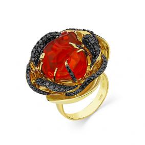 Кольцо из лимонного золота Мастер Бриллиант 06M1-308159-01-55 с опалом и чёрным бриллиантом 06M1-308159-01-55 фото
